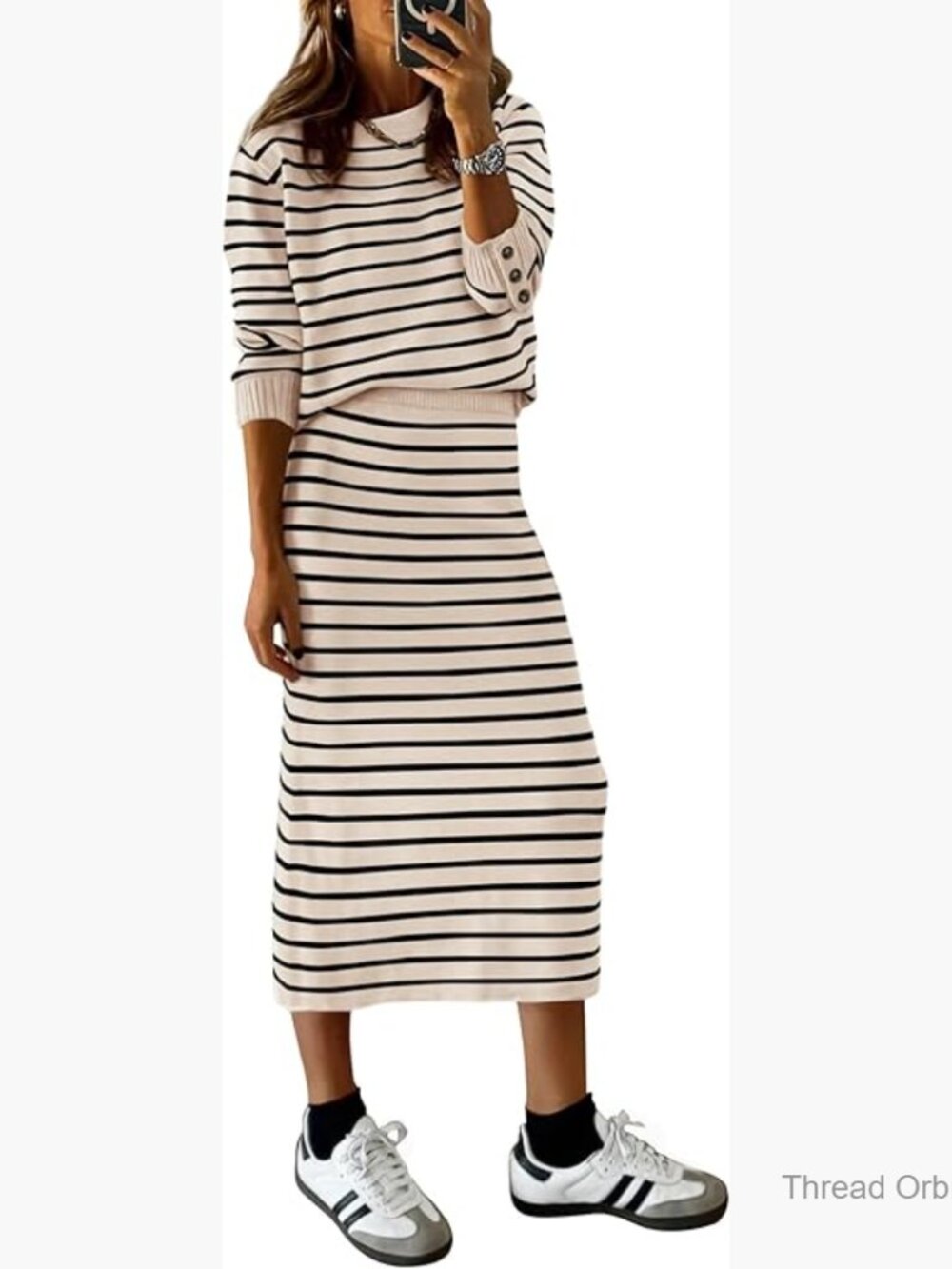 Striped Knit Sweater Skirt Set Long Sleeve Pencil Skirt Lounge Outfit
